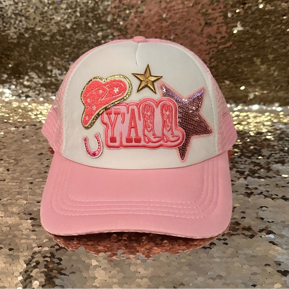 Y’all Pink and White Patch Collage Ball Cap